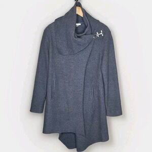 Garnet Hill Sweater Women 6 Heather Blue Wrap Wool Lobster Claw Latch Drapy Capy